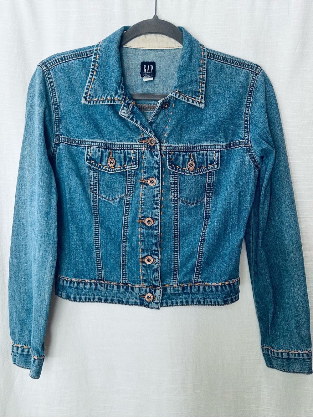 GAP Vintage Y2K circa 2000 Medium Blue Women’s Denim Jacket w/ Orange Stitching